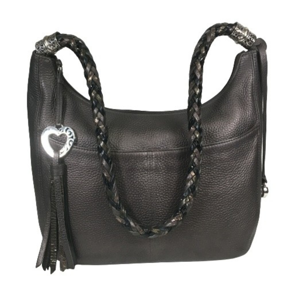Brighton BARBADOS Pewter Pebbled Leather Hobo Braided Strap Shoulder Bag $350